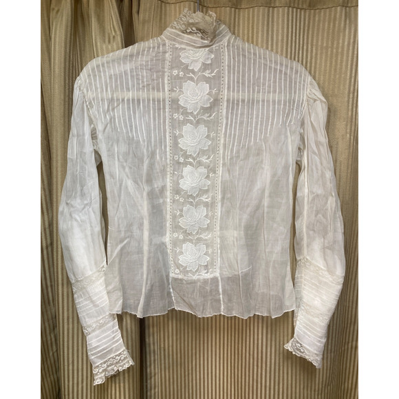 Antique Tops - Antique Edwardian White Cotton Floral Embroidered Blouse with long sleeves